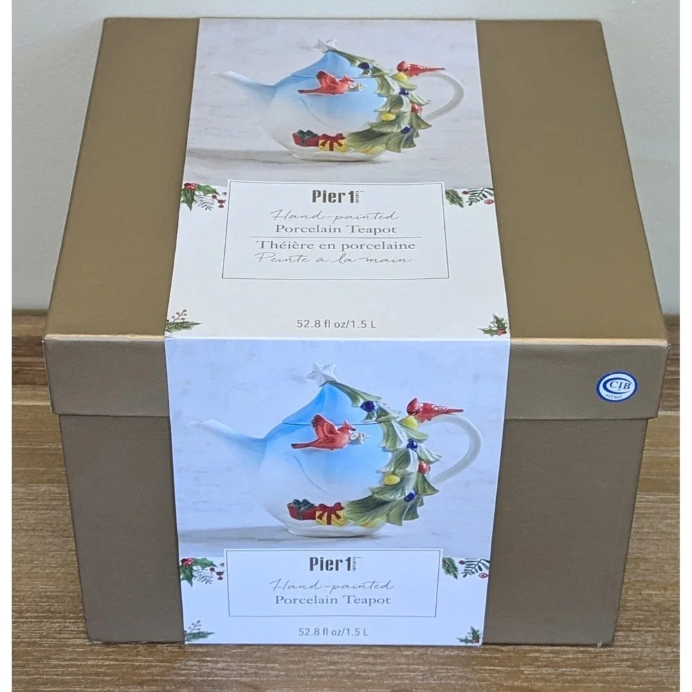 Pier 1 Imports Christmas Tree Teapot Porcelain Cardinal Hand Painted w/Box